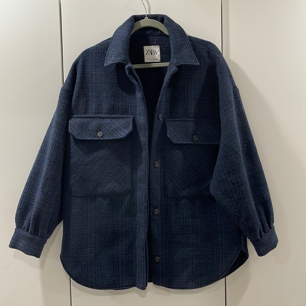 Zara blue and black oversized shirt jacket in small